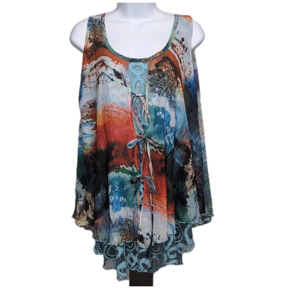 Adore Artsy Sleeveless Blouse Top Womens M Multicolor Mixed Media Flowy Fairy - Picture 2 of 16